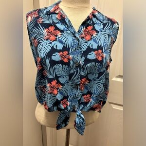 Tropical Floral Button Down Shirt - Navy and Coral